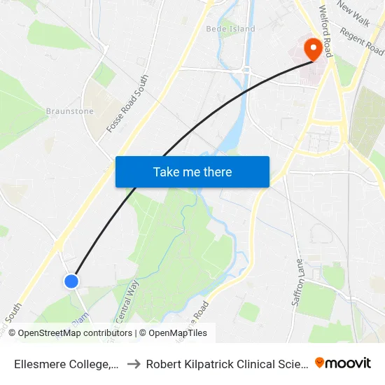 Ellesmere College, Leicester to Robert Kilpatrick Clinical Sciences Building map