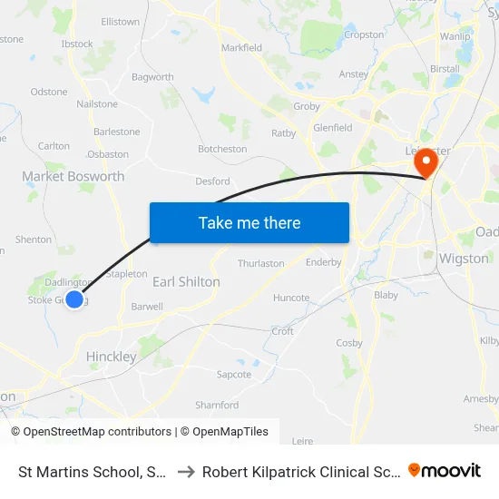 St Martins School, Stoke Golding to Robert Kilpatrick Clinical Sciences Building map