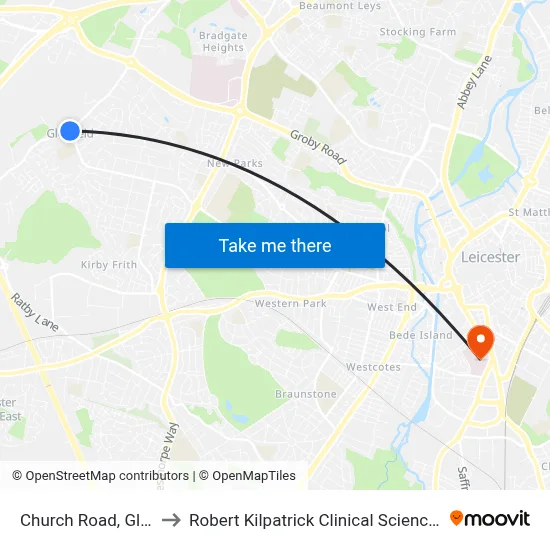 Church Road, Glenfield to Robert Kilpatrick Clinical Sciences Building map