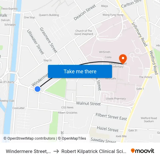 Windermere Street, Leicester to Robert Kilpatrick Clinical Sciences Building map