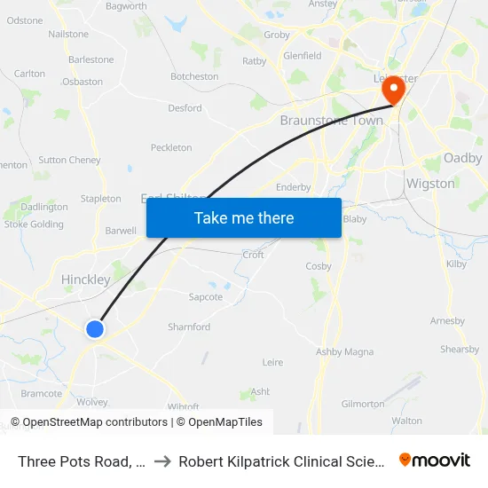 Three Pots Road, Burbage to Robert Kilpatrick Clinical Sciences Building map