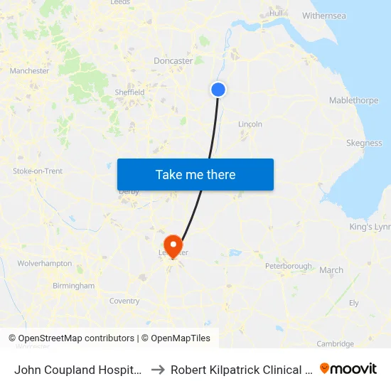 John Coupland Hospital, Gainsborough to Robert Kilpatrick Clinical Sciences Building map