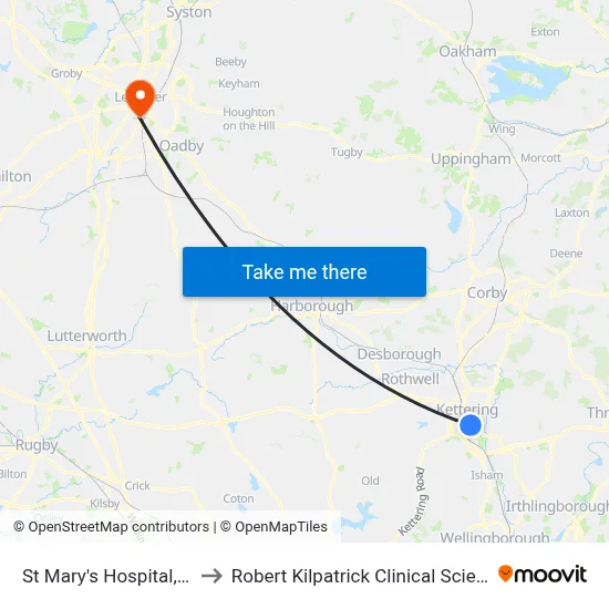 St Mary's Hospital, Kettering to Robert Kilpatrick Clinical Sciences Building map