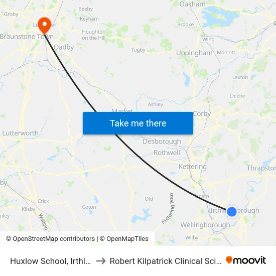 Huxlow School, Irthlingborough to Robert Kilpatrick Clinical Sciences Building map