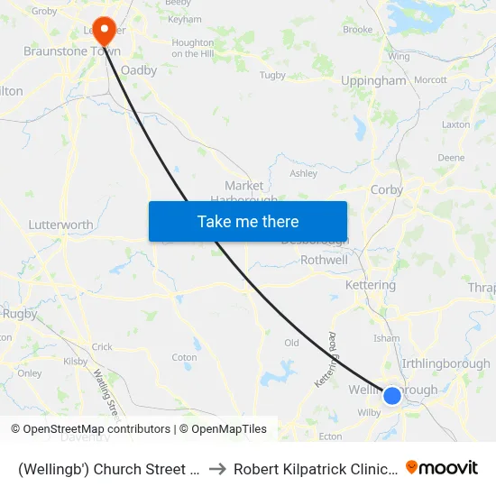 (Wellingb') Church Street Bay A, Wellingborough to Robert Kilpatrick Clinical Sciences Building map