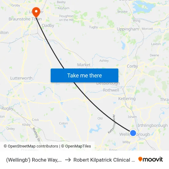 (Wellingb') Roche Way, Wellingborough to Robert Kilpatrick Clinical Sciences Building map