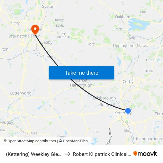 (Kettering) Weekley Glebe Road, Kettering to Robert Kilpatrick Clinical Sciences Building map