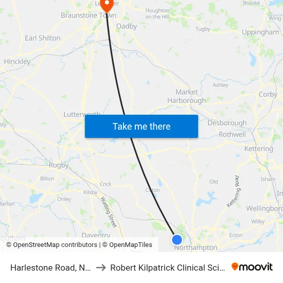 Harlestone Road, New Duston to Robert Kilpatrick Clinical Sciences Building map