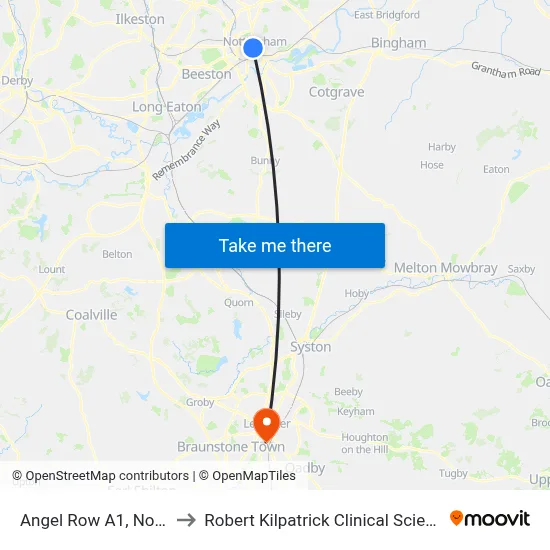 Angel Row A1, Nottingham to Robert Kilpatrick Clinical Sciences Building map