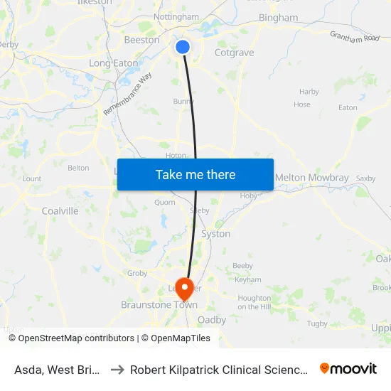 Asda, West Bridgford to Robert Kilpatrick Clinical Sciences Building map