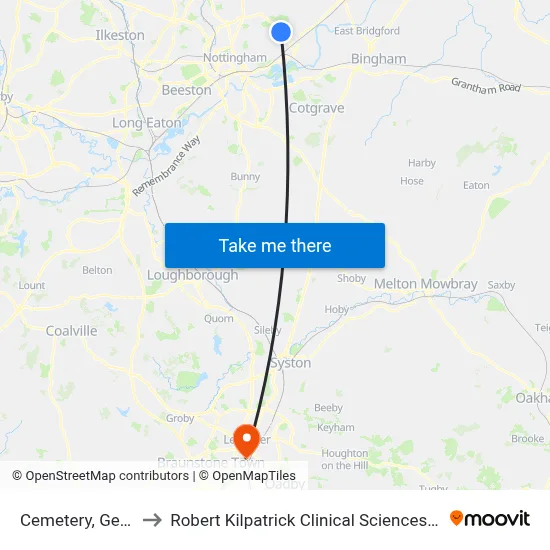 Cemetery, Gedling to Robert Kilpatrick Clinical Sciences Building map