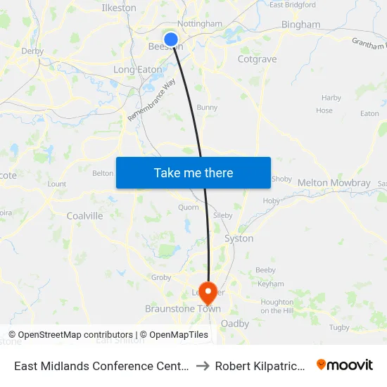 East Midlands Conference Centre, Nottingham University Main Campus (Un44) to Robert Kilpatrick Clinical Sciences Building map