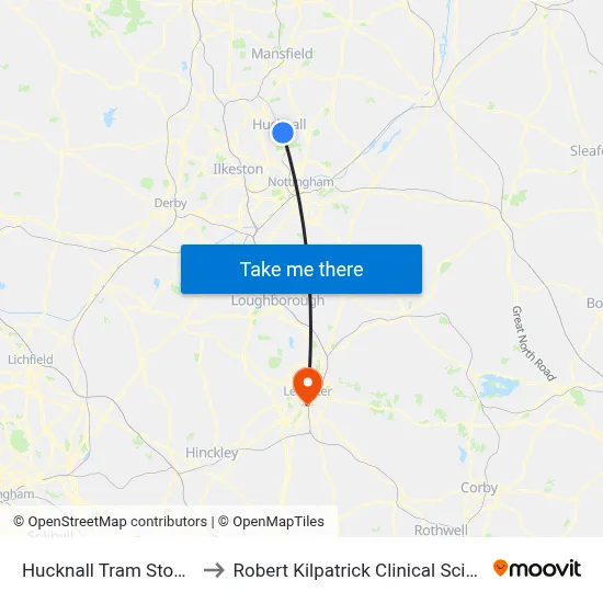 Hucknall Tram Stop, Hucknall to Robert Kilpatrick Clinical Sciences Building map