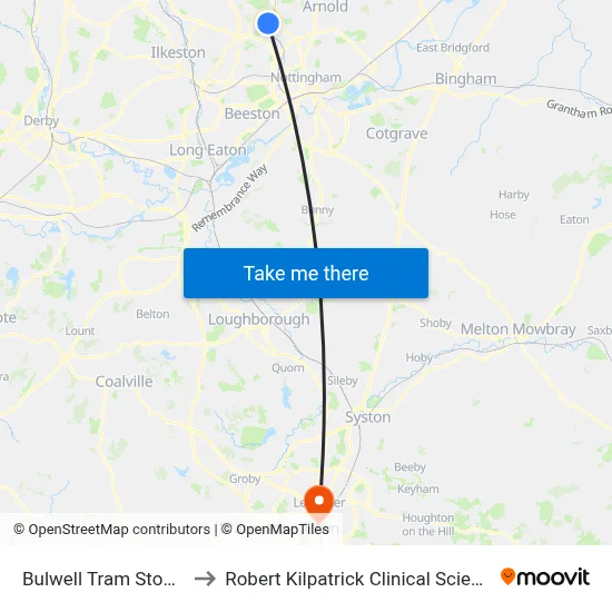 Bulwell Tram Stop, Bulwell to Robert Kilpatrick Clinical Sciences Building map