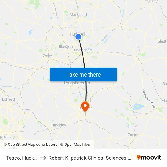 Tesco, Hucknall to Robert Kilpatrick Clinical Sciences Building map
