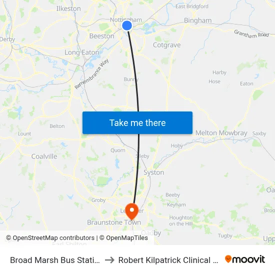 Broad Marsh Bus Station, Nottingham to Robert Kilpatrick Clinical Sciences Building map