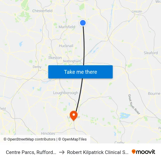 Centre Parcs, Rufford Country Park to Robert Kilpatrick Clinical Sciences Building map