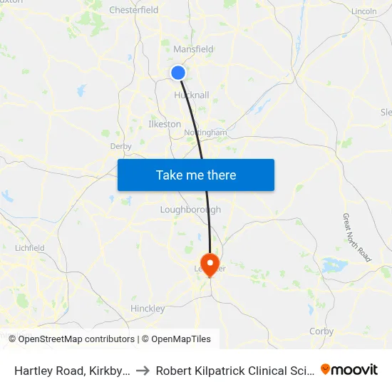 Hartley Road, Kirkby In Ashfield to Robert Kilpatrick Clinical Sciences Building map