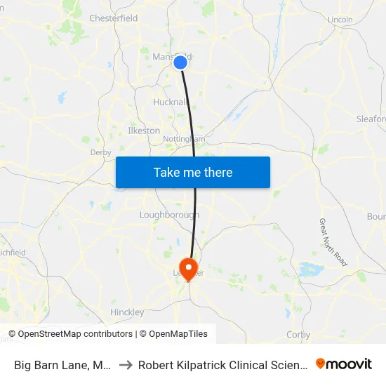 Big Barn Lane, Mansfield to Robert Kilpatrick Clinical Sciences Building map