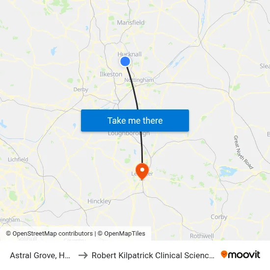 Astral Grove, Hucknall to Robert Kilpatrick Clinical Sciences Building map