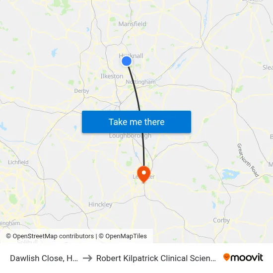 Dawlish Close, Hucknall to Robert Kilpatrick Clinical Sciences Building map