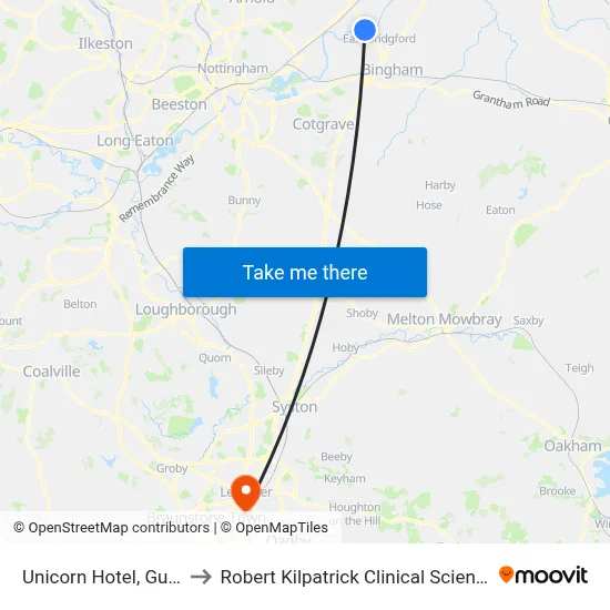 Unicorn Hotel, Gunthorpe to Robert Kilpatrick Clinical Sciences Building map