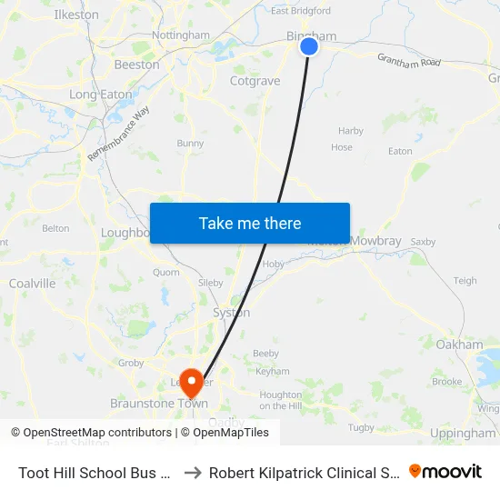 Toot Hill School Bus Park, Bingham to Robert Kilpatrick Clinical Sciences Building map