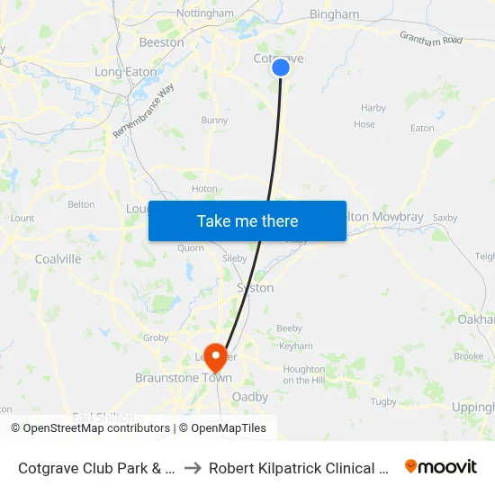 Cotgrave Club Park & Ride, Cotgrave to Robert Kilpatrick Clinical Sciences Building map
