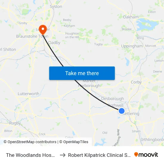 The Woodlands Hospital, Kettering to Robert Kilpatrick Clinical Sciences Building map
