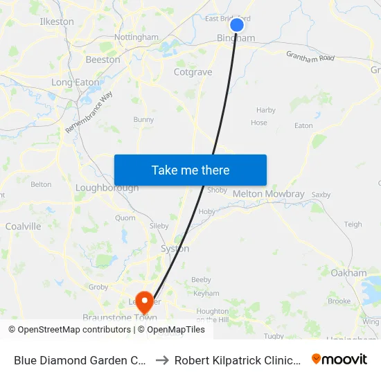 Blue Diamond Garden Centre, East Bridgford to Robert Kilpatrick Clinical Sciences Building map