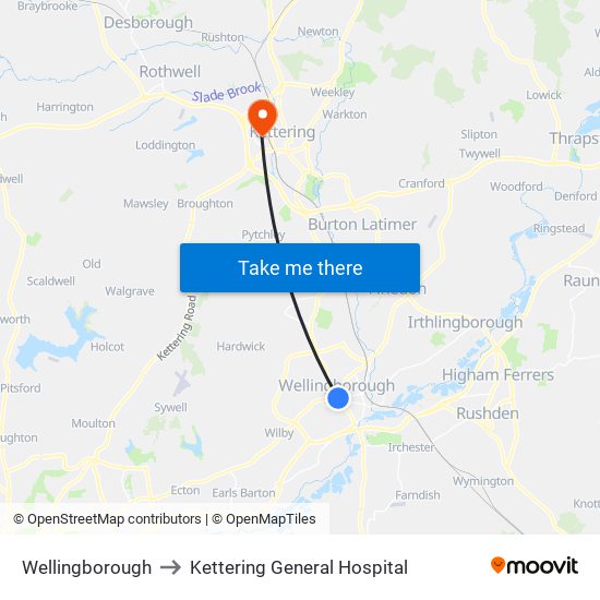 Wellingborough to Kettering General Hospital map