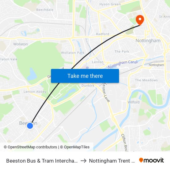 Beeston Bus & Tram Interchange, Beeston to Nottingham Trent University map