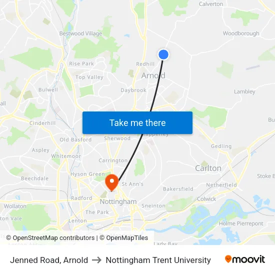 Jenned Road, Arnold to Nottingham Trent University map