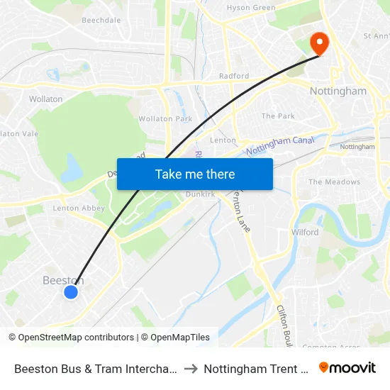 Beeston Bus & Tram Interchange, Beeston to Nottingham Trent University map