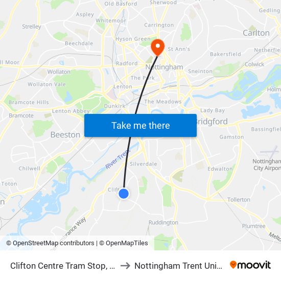 Clifton Centre Tram Stop, Clifton to Nottingham Trent University map