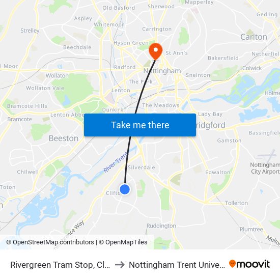 Rivergreen Tram Stop, Clifton to Nottingham Trent University map