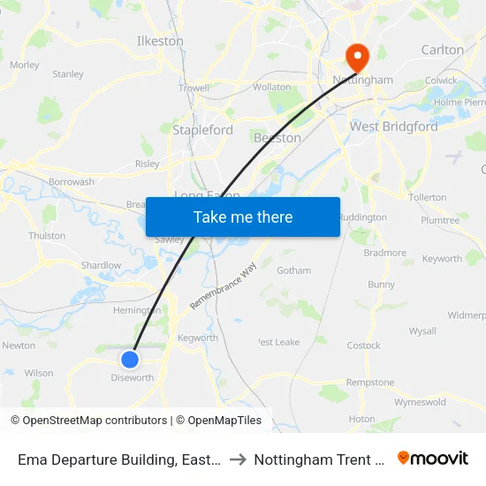Ema Departure Building, East Mids Airport to Nottingham Trent University map