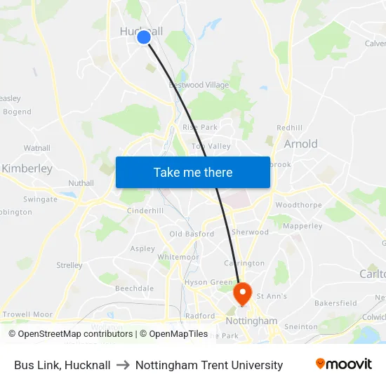 Bus Link, Hucknall to Nottingham Trent University map