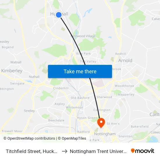 Titchfield Street, Hucknall to Nottingham Trent University map