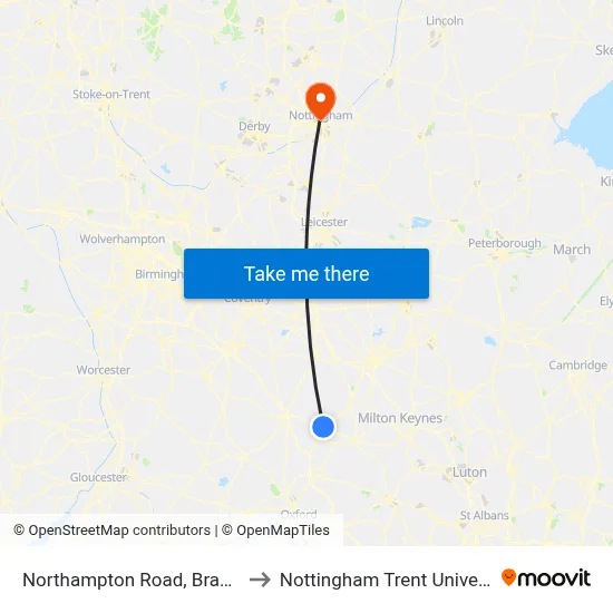 Northampton Road, Brackley to Nottingham Trent University map