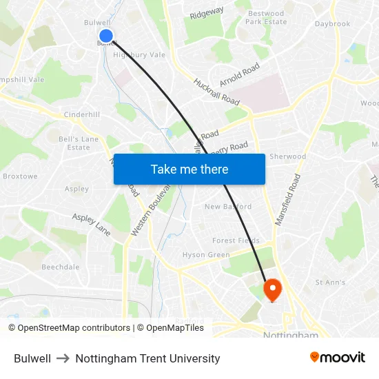 Bulwell to Nottingham Trent University map