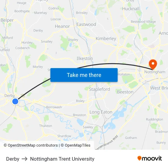 Derby to Nottingham Trent University map