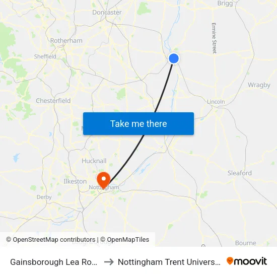 Gainsborough Lea Road to Nottingham Trent University map