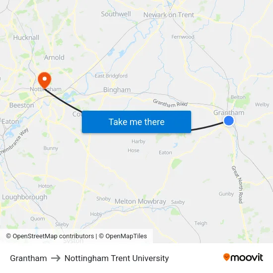 Grantham to Nottingham Trent University map