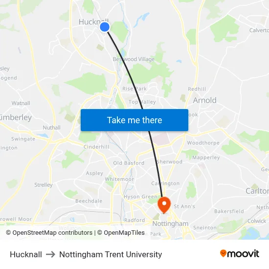 Hucknall to Nottingham Trent University map