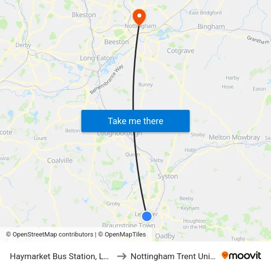 Haymarket Bus Station, Leicester to Nottingham Trent University map
