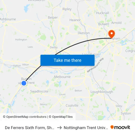 De Ferrers Sixth Form, Shobnall to Nottingham Trent University map