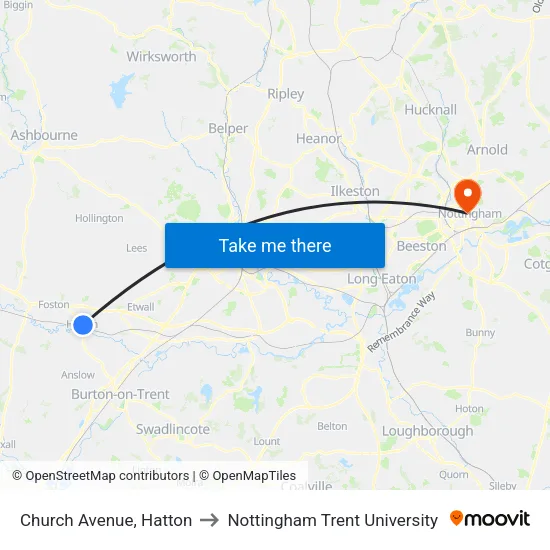 Church Avenue, Hatton to Nottingham Trent University map