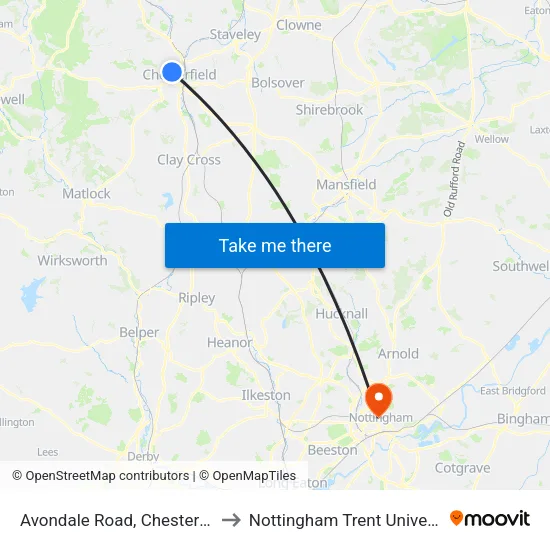 Avondale Road, Chesterfield to Nottingham Trent University map