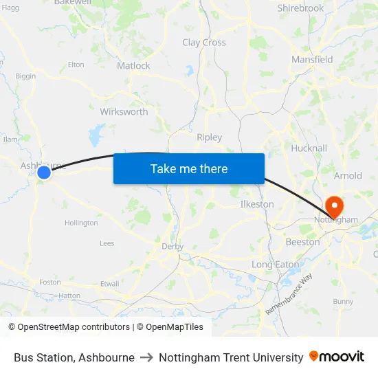 Bus Station, Ashbourne to Nottingham Trent University map